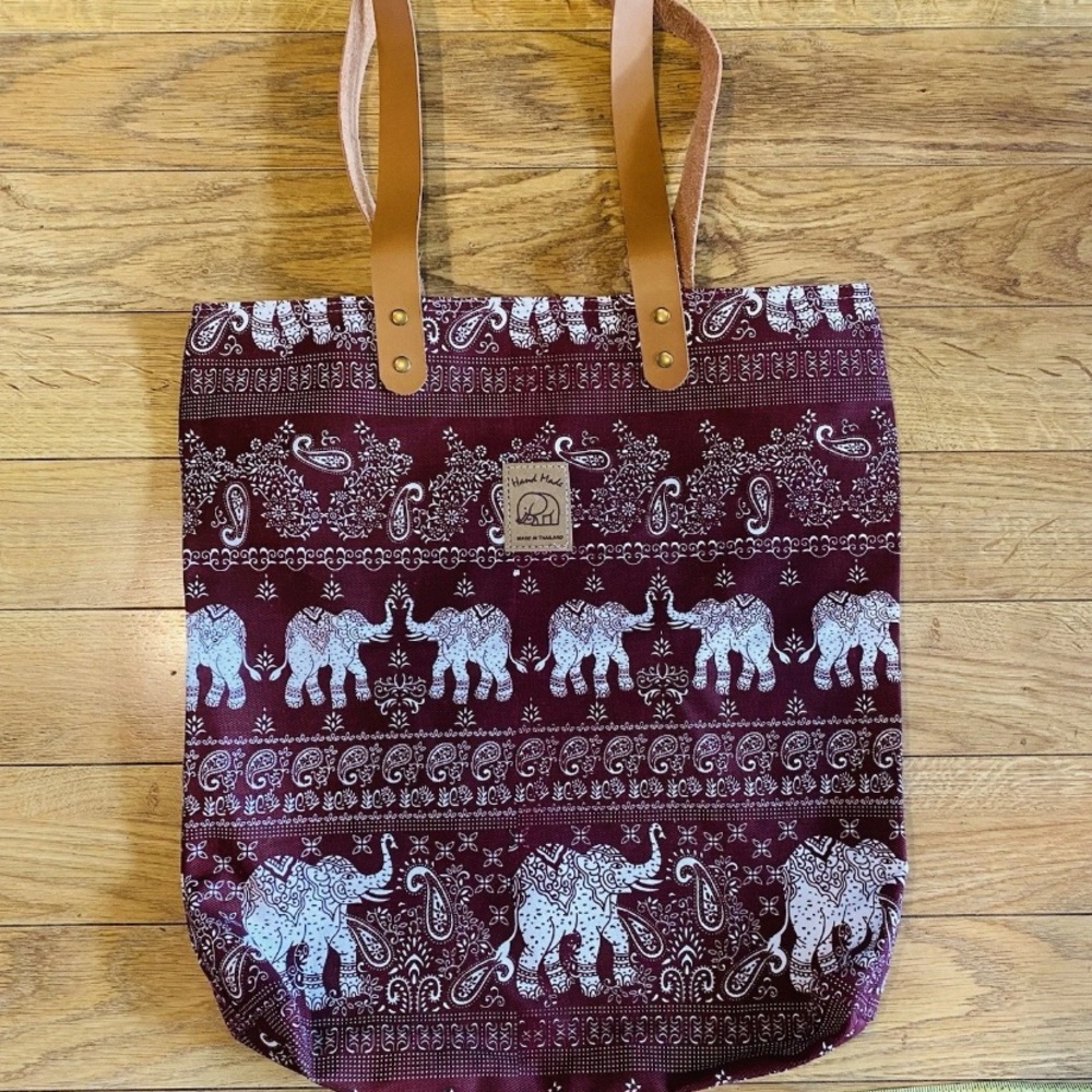 Tote Bag Unisex Elephants Hand Made From Thailand Zipper Closure - Picture 6 of 6